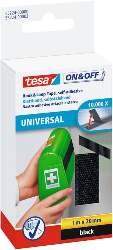 tesa Klettstreifen ON&OFF Universal Schwarz 20 mm (B) x 1 m (L) PP (Polypropylen)