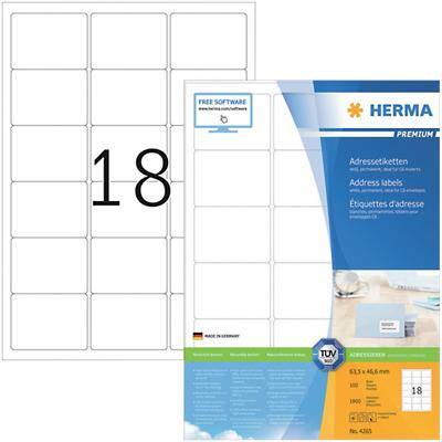 HERMA Adressetiketten 7025 Weiß DIN A4 63,5 x 46,6 mm 100 Blatt à 18 Etiketten