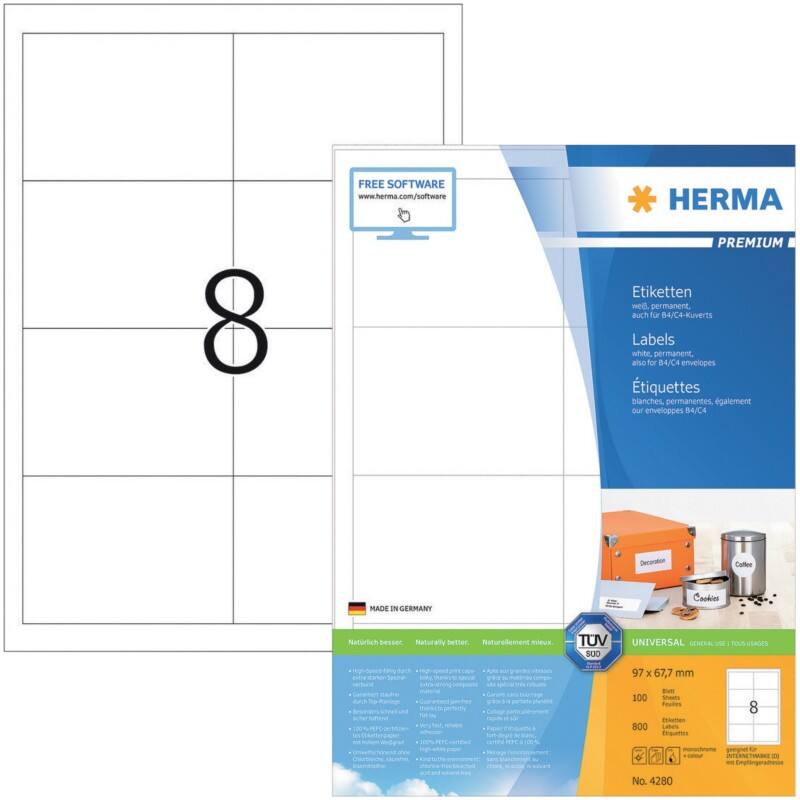 HERMA Universaletiketten 4280 Weiß DIN A4 97 x 67,7 mm 100 Blatt à 8 Etiketten