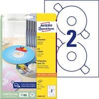 Avery L6043-25 CD-DVD-Disketten-Etiketten A4 Weiß 25 Blatt à 2 Etiketten