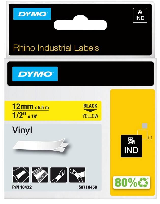DYMO RhinoPRO Schriftband Authentisch Rhino 18432 haftend Schwarz auf Gelb 12 mm x 5,5 m 1  à 5.5 m