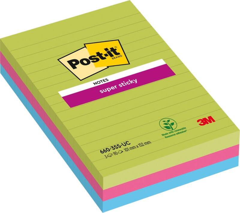 Post-it Haftnotizen 101 x 152 mm Färbig sortiert Rechteckig Liniert 3 Stück à 90 Blatt