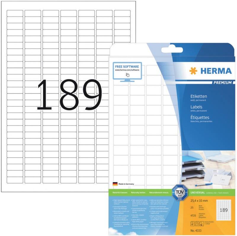 HERMA Universaletiketten 4333 Weiß DIN A4 25,4 x 10 mm 25 Blatt à 189 Etiketten