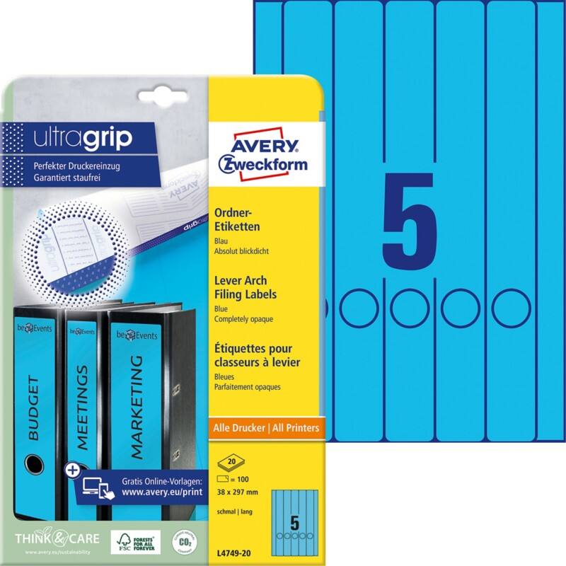 AVERY Zweckform Ordneretiketten L4749-20 Blau 20 Stück à 5 Etiketten