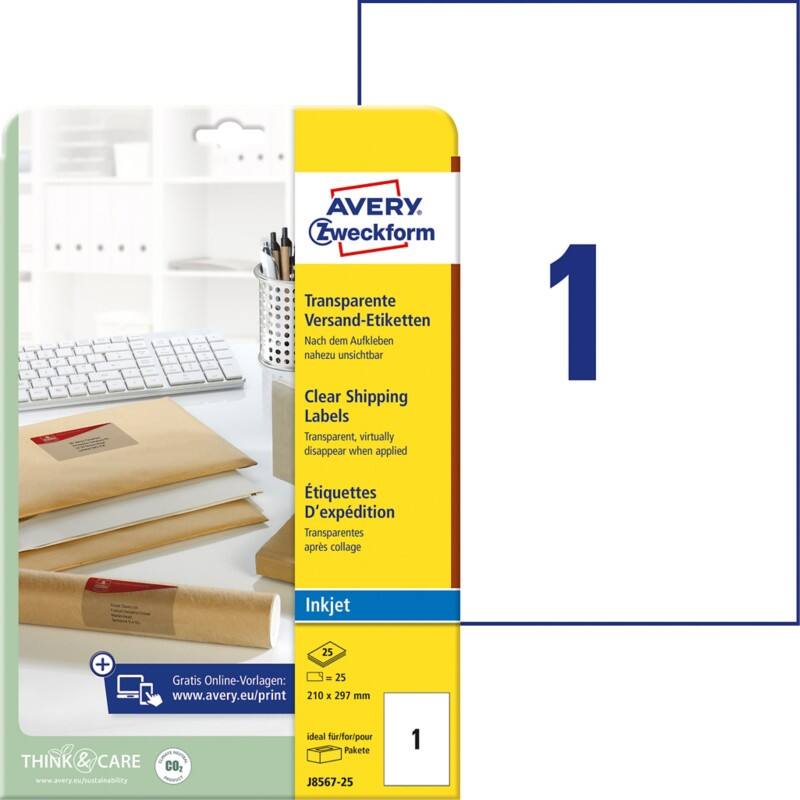 AVERY Zweckform Abziehhilfe QuickPEEL Versandetiketten J8567-25 Selbsthaftend A4 Transparent 210 x 297 mm 25 Blatt à 1 Etiketten