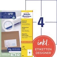 AVERY Zweckform UltraGrip Multifunktionsetiketten 3483 Ja DIN A4 Weiß 105 x 148 mm 100 Blatt à 4 Etiketten