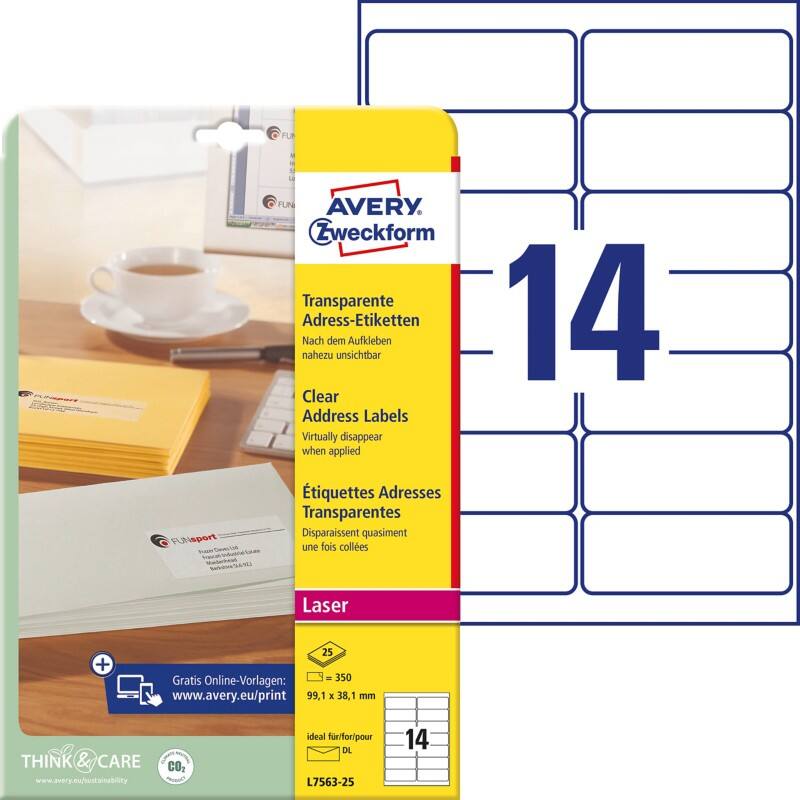 AVERY Zweckform Abziehhilfe QuickPEEL Wasserabweisend Selbsthaftend Adressetiketten L7563-25 Selbsthaftend A4 Transparent 99,1 x 38,1 mm 25 Blatt à 14 Etiketten