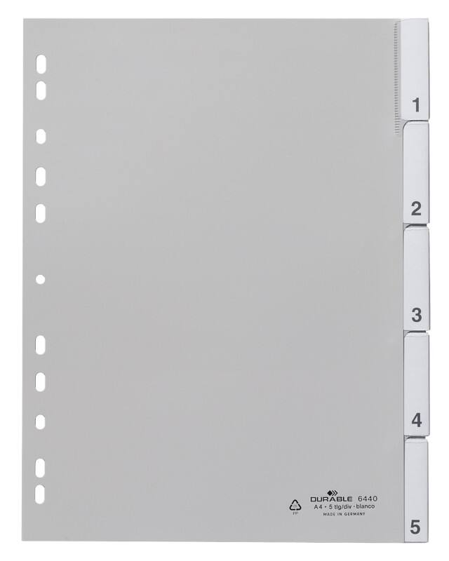 DURABLE 1 bis 5 Zahlenregister DIN A4 Grau 5-teilig PP (Polypropylen) 11 Löcher 6440