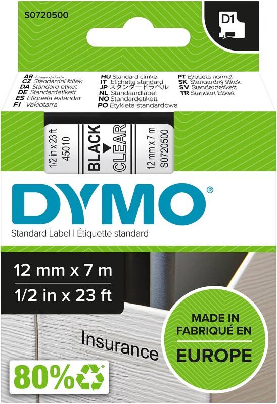 DYMO D1 Beschriftungsband Authentisch 45010 S0721440 Selbsthaftend Schwarz auf Transparent 12 mm x 7 m