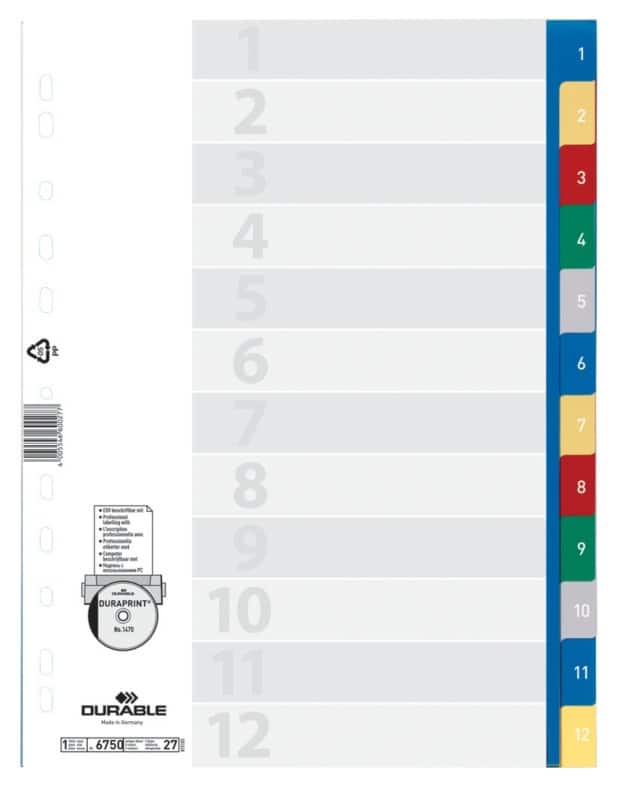 DURABLE 1 bis 12 Zahlenregister DIN A4 Farbig Sortiert 12-teilig PP (Polypropylen) 11 Löcher 6750