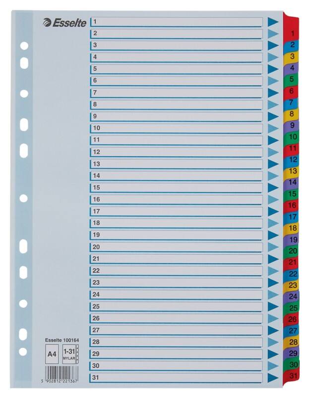 Esselte Mylar Register 100164 DIN A4 Mit verstärkten Taben Mehrfarbig 31-teilig 11 Löcher 160 g/m² Karton 1 bis 31