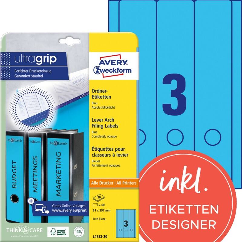 AVERY Zweckform ultragrip Ordneretiketten L4753-20 Selbsthaftend A4 Blau 6,1 x 29,7 cm 20 Blatt à 3 Etiketten