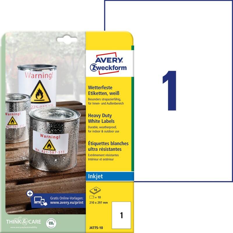 AVERY Zweckform Wasserfeste Folienetiketten J4775-10 Weiß 210 x 297 mm 10 Stück 10 Blatt