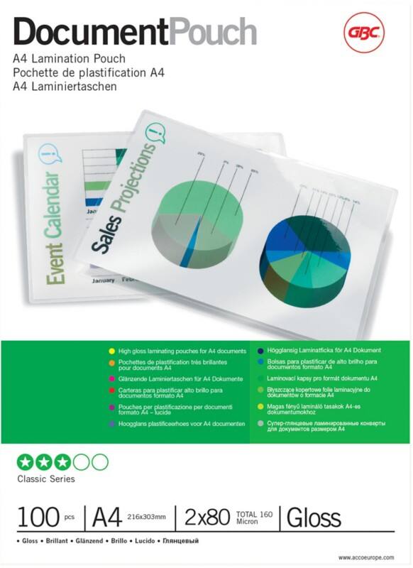 GBC Document Laminierfolien A4 Glänzend 80 Mikron (2 x 80) Transparent 100 Stück