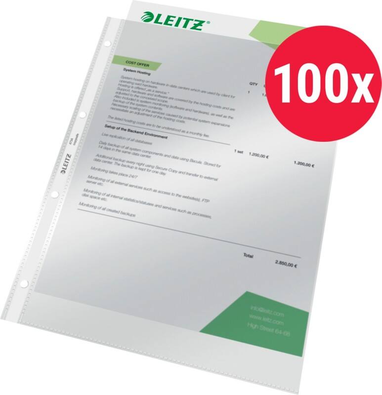 Leitz Premium Prospekthüllen A4 Glasklar Transparent 80 Mikron PVC (Polyvinylchlorid) Öffnung oben 4 Löcher 100 Stück