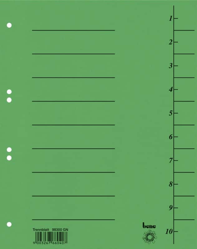 Bene Trend 1 bis 10 Trennblätter DIN A4 Grün 10-teilig Pappkarton 6 Löcher 50 Stück