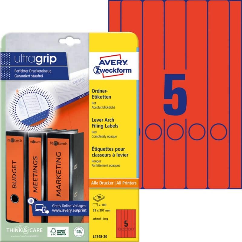 AVERY Zweckform Ordneretiketten L4748-20 Rot 20 Stück à 5 Etiketten