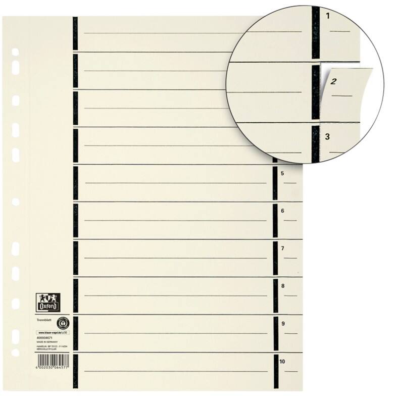 OXFORD 1 bis 10 Zahlenregister  DIN A4 Chamois 10-teilig Pappkarton 11 Löcher 6457 100 Stück