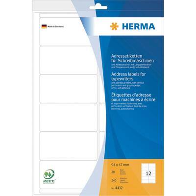 HERMA Adressetiketten 4432 DIN A4 Weiß 94 x 47 mm 20 Blatt à 12 Etiketten