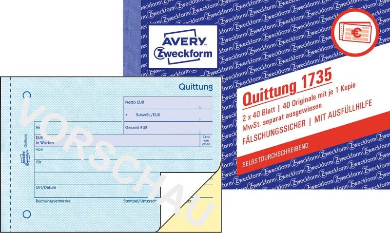 AVERY Zweckform Quittungsblock 1735 Weiß, Gelb A6 quer Perforiert 2 à 40 Blatt
