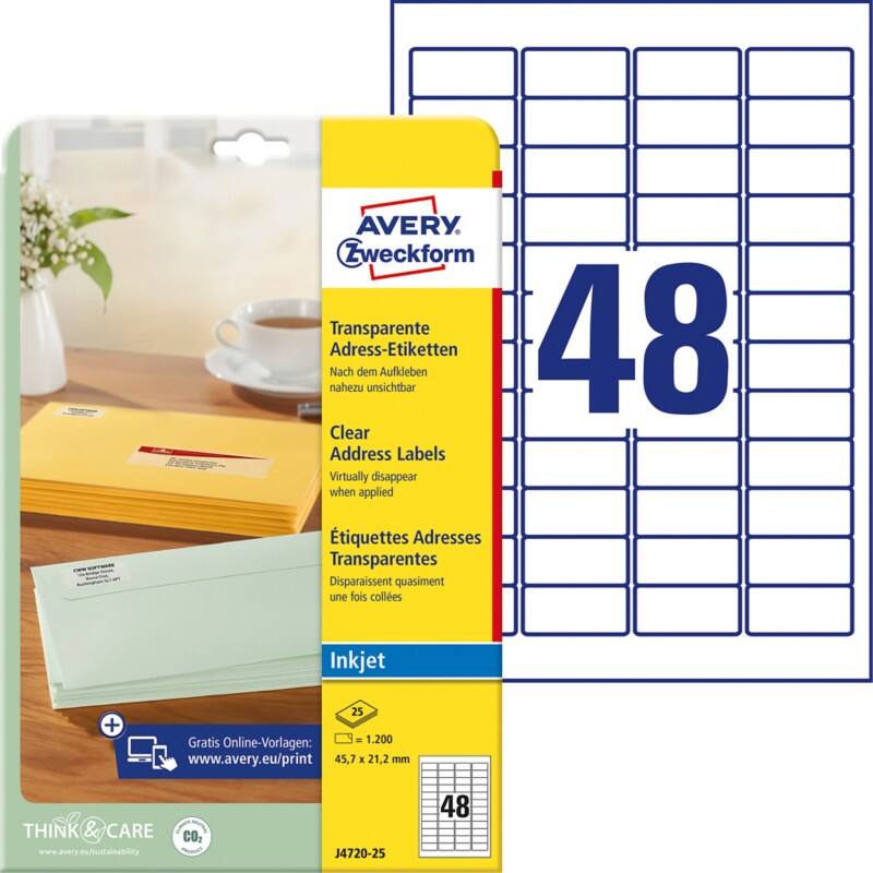 AVERY Zweckform Abziehhilfe QuickPEEL Adressetiketten J4720-25 Selbsthaftend A4 Transparent 45,7 x 21,2 mm 25 Blatt à 48 Etiketten