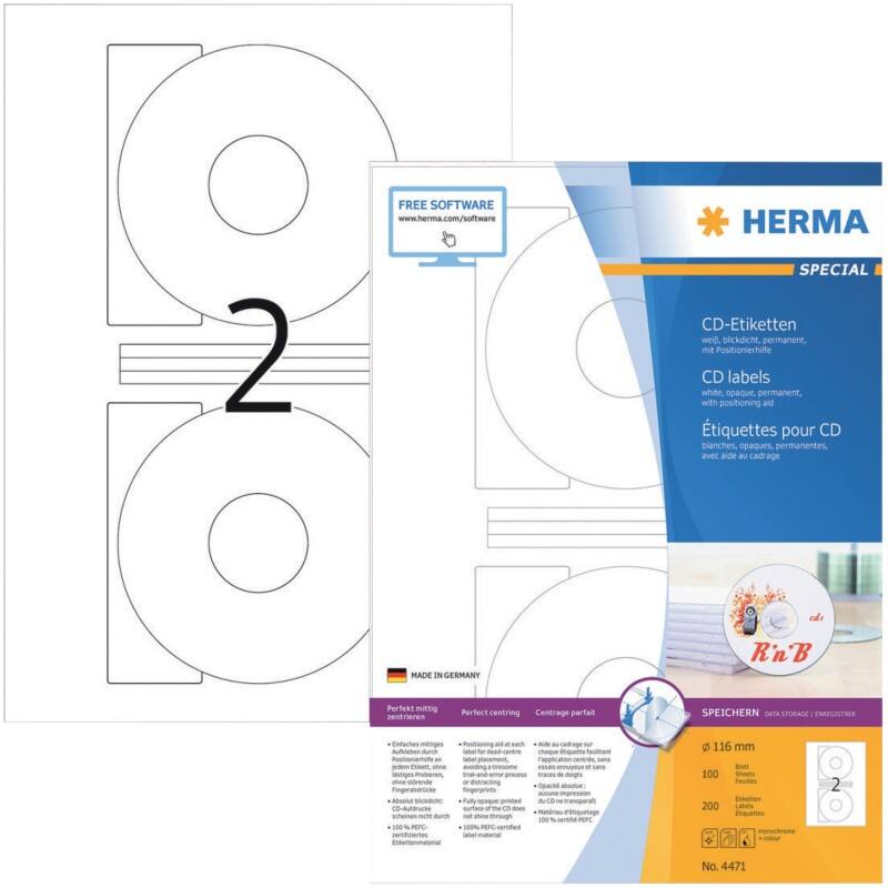 HERMA SPECIAL A4 CD/DVD Etiketten 4471 haftend DIN A4 Weiß 116 x 116 mm 100 Blatt à 2 Etiketten