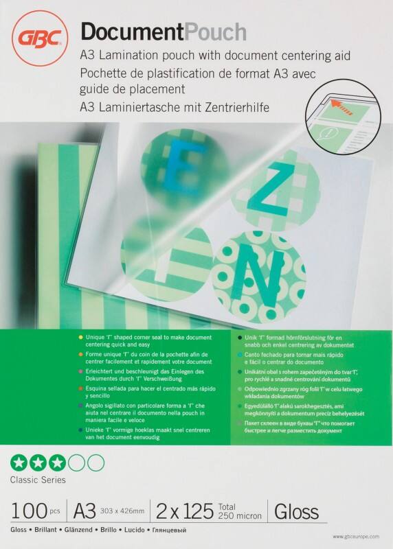 GBC Document Laminierfolien A3 Glänzend 125 Mikron (2 x 125) Transparent 100 Stück