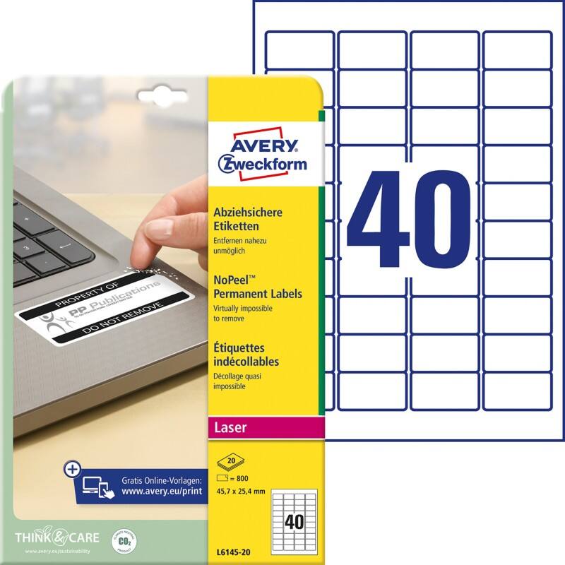 AVERY Zweckform L6145-20 Etiketten Abziehsicher A4 Weiß 45,7 x 25,4 mm 20 Blatt à 40 Etiketten