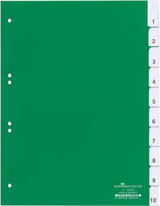 DURABLE Blanko Register DIN A4 Grün 10-teilig PVC (Polyvinylchlorid) 6 Löcher 6221