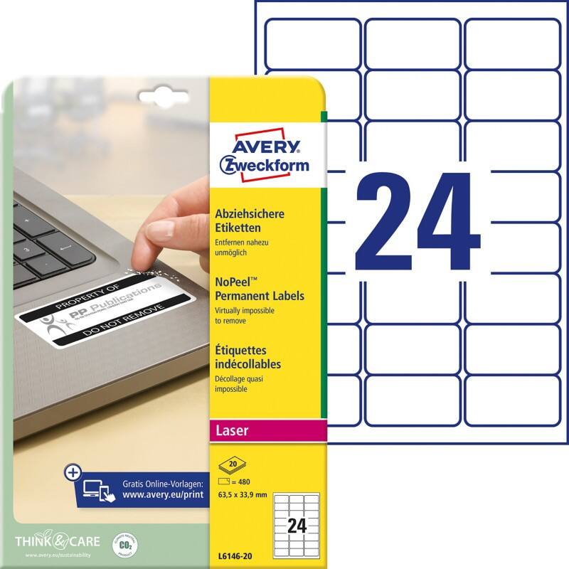 AVERY Zweckform L6146-20 Etiketten Abziehsicher A4 Weiß 63,5 x 33,9 mm 20 Blatt à 24 Etiketten
