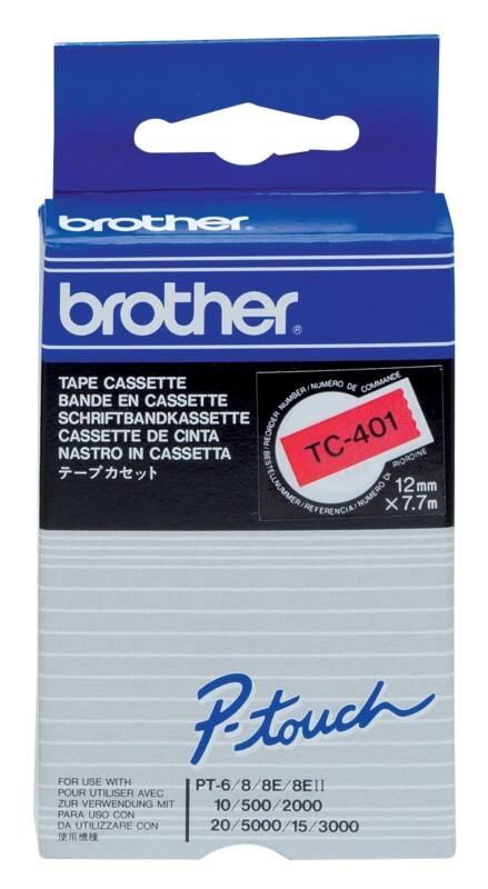 Brother TC-401 Authentic Schriftband Selbstklebend Schwarzer Druck auf Red 12 mm x 7.7m