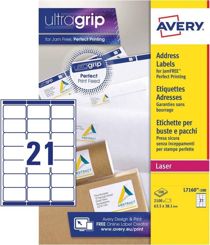 AVERY Zweckform Abziehhilfe QuickPEEL,ultragrip Adressetiketten L7160-100 haftend A4 Weiß 63,5 x 38,1 mm 100 Blatt à 21 Etiketten