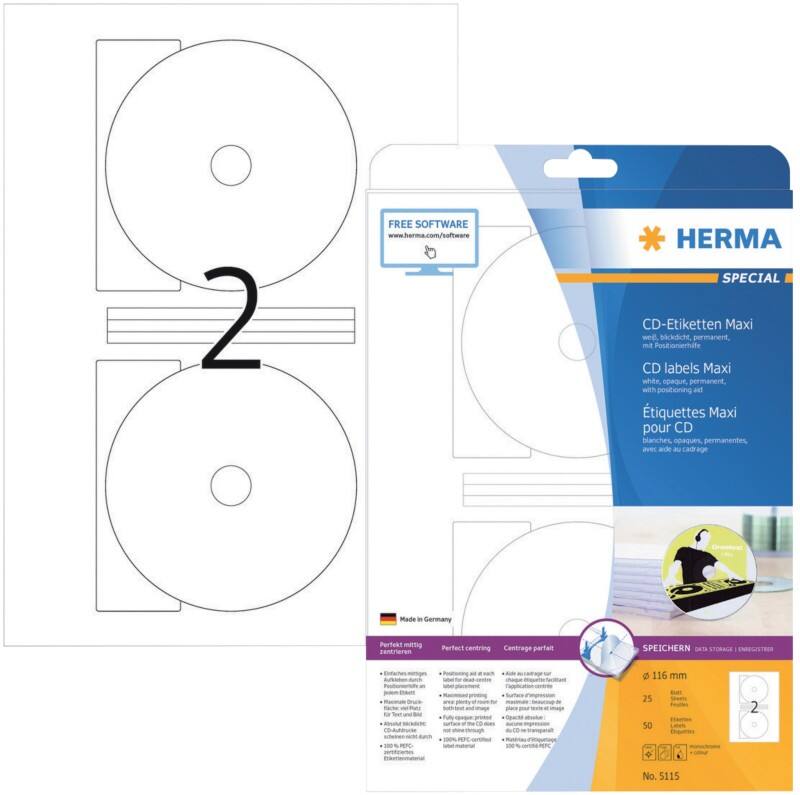 HERMA SPECIAL A4 CD/DVD Etiketten 5115 haftend DIN A4 Weiß 116 x 116 mm 25 Blatt à 2 Etiketten