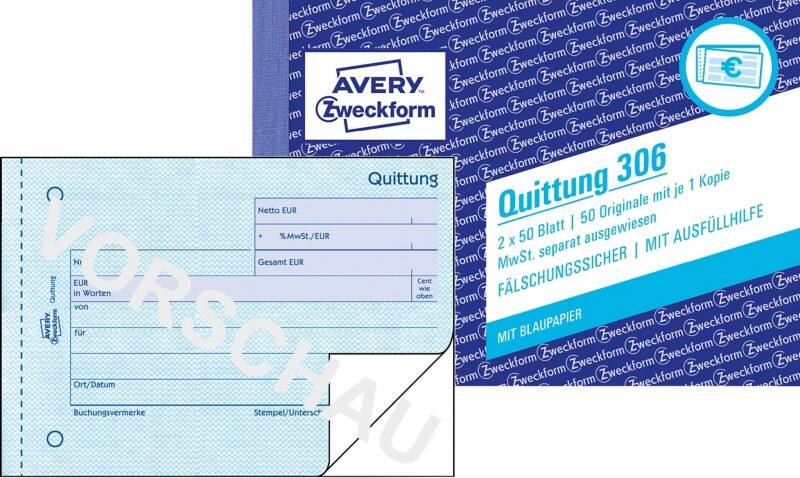 AVERY Zweckform Quittungsblock 306 Weiß A6 quer Perforiert 2 à 50 Blatt