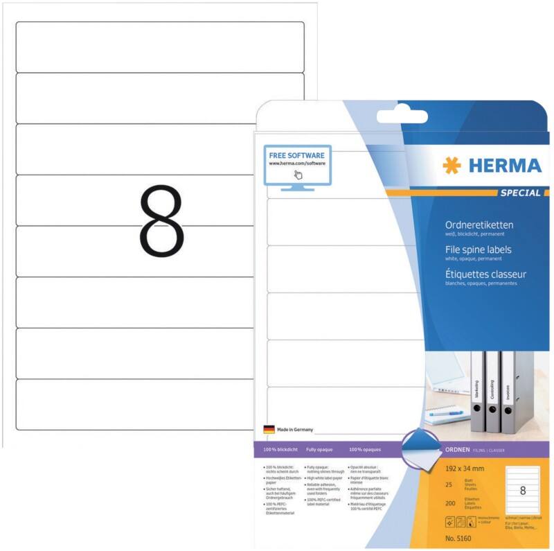 HERMA Ordneretiketten 5160 Weiß DIN A4 192 x 34 mm 25 Blatt à 8 Etiketten