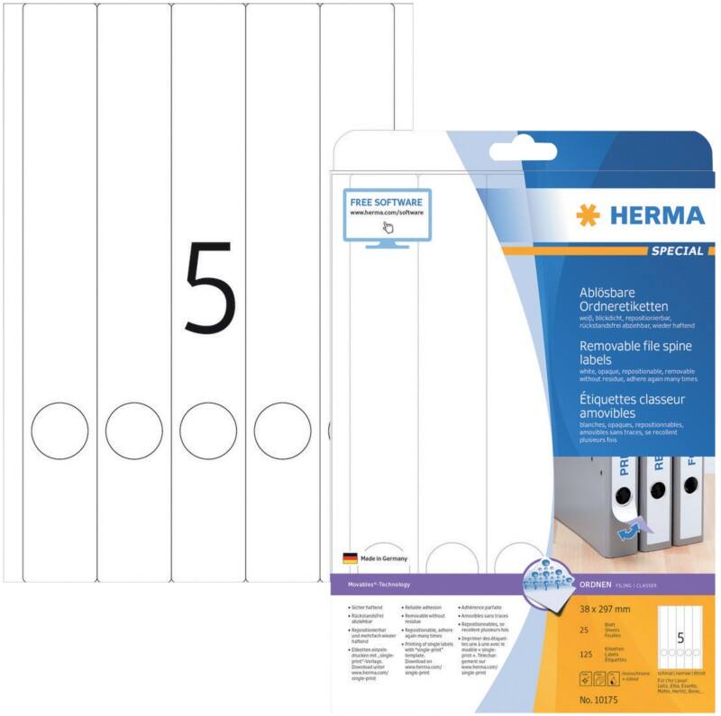 HERMA Ordneretiketten 10175 Weiß DIN A4 38 mm 25 Blatt à 5 Etiketten