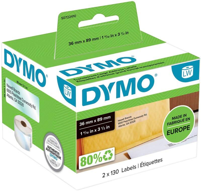 Dymo LW S0722410 / 99013 Authentic Große Adressetiketten Selbstklebend Schwarz auf Transparent 36 x 89 mm