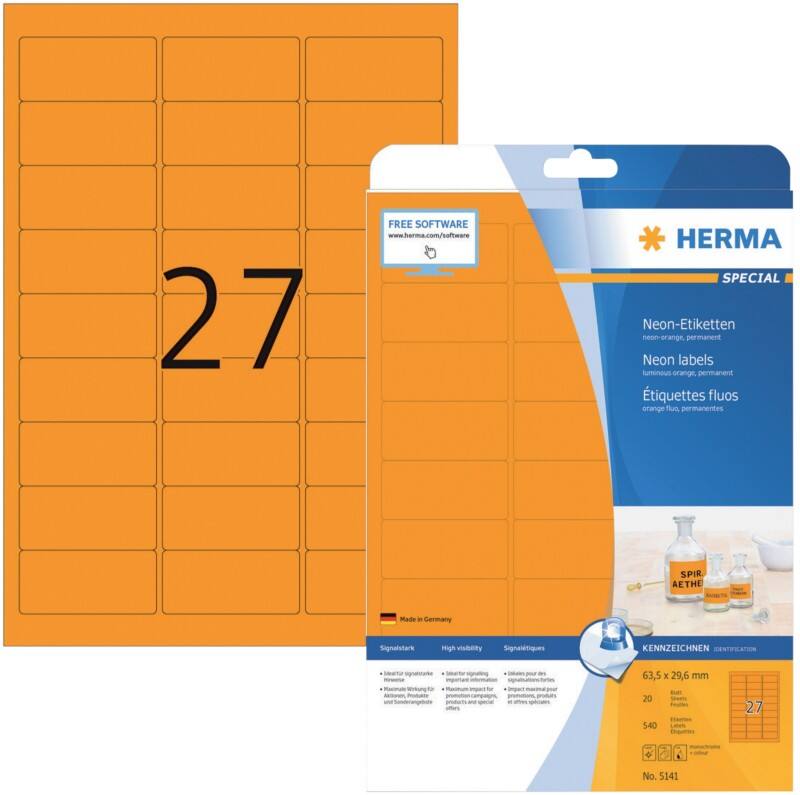 HERMA Farbige Etiketten 5141 Orange Rechteckig DIN A4 63,5 x 29,6 mm 540 Etiketten pro Packung
