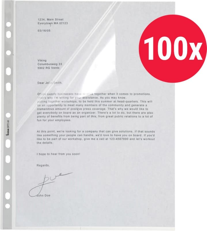 Bene Prospekthüllen A4 Glasklar Transparent 110 Mikron PP (Polypropylen) Öffnung oben und links 11 Löcher 207225CL 100 Stück