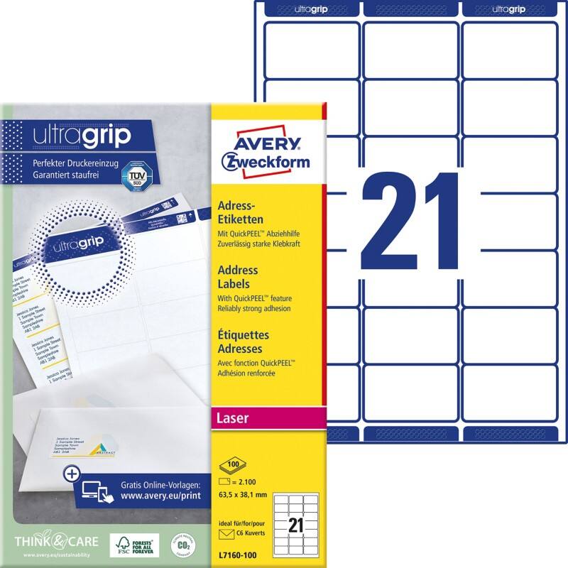 AVERY Zweckform Abziehhilfe QuickPEEL,ultragrip Adressetiketten L7160-100 Selbsthaftend A4 Weiß 63,5 x 38,1 mm 100 Blatt à 21 Etiketten