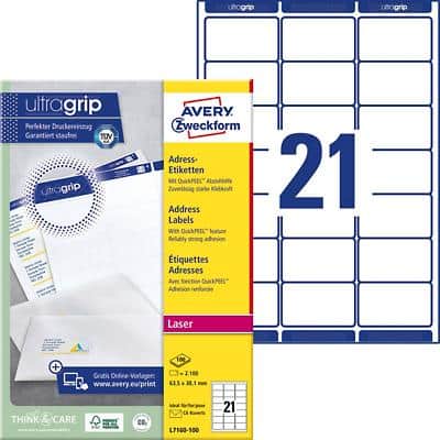 AVERY Zweckform UltraGrip Adressetiketten L7160-100 Ja DIN A4 Weiß 63,5 x 38,1 mm 100 Blatt à 21 Etiketten