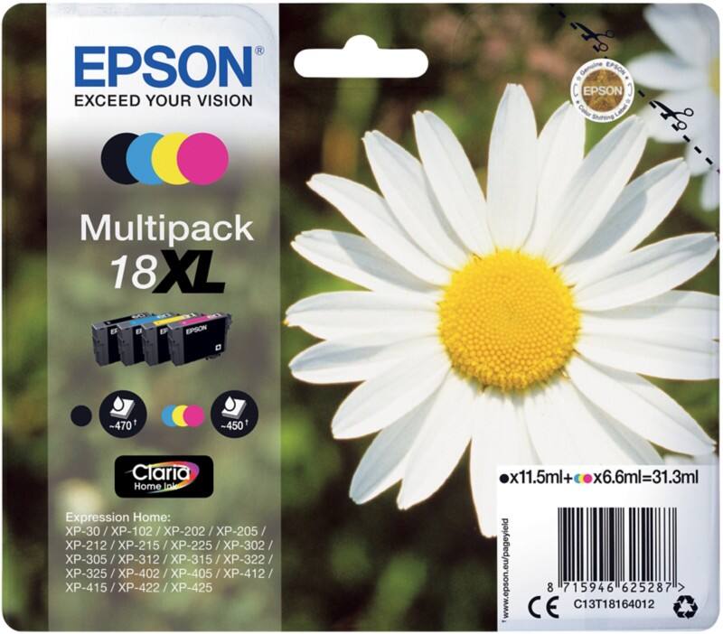 Epson 18XL Original Tintenpatrone C13T18164012 Schwarz, Cyan, Magenta, Gelb Multipack 4 Stück
