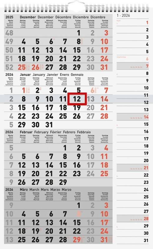 Rido ide Schreibtisch-Kalender 2026 Weiß Deutsch, Englisch, Französisch, Niederländisch 30 x 49 cm