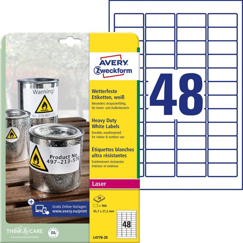 AVERY Zweckform L4778-20 Wetterfeste Etiketten A4 Weiß 45,7 x 21,2 mm 20 Blatt à 48 Etiketten