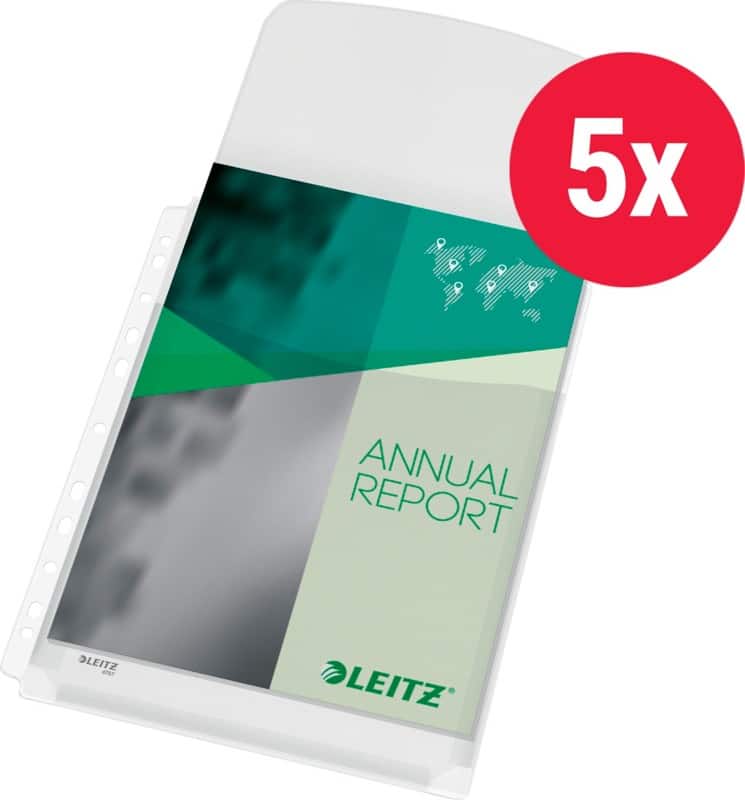 Leitz Prospekthüllen A4 Genarbt Transparent 170 Mikron PVC (Polyvinylchlorid) Öffnung oben 11 Löcher Maxi 5 Stück