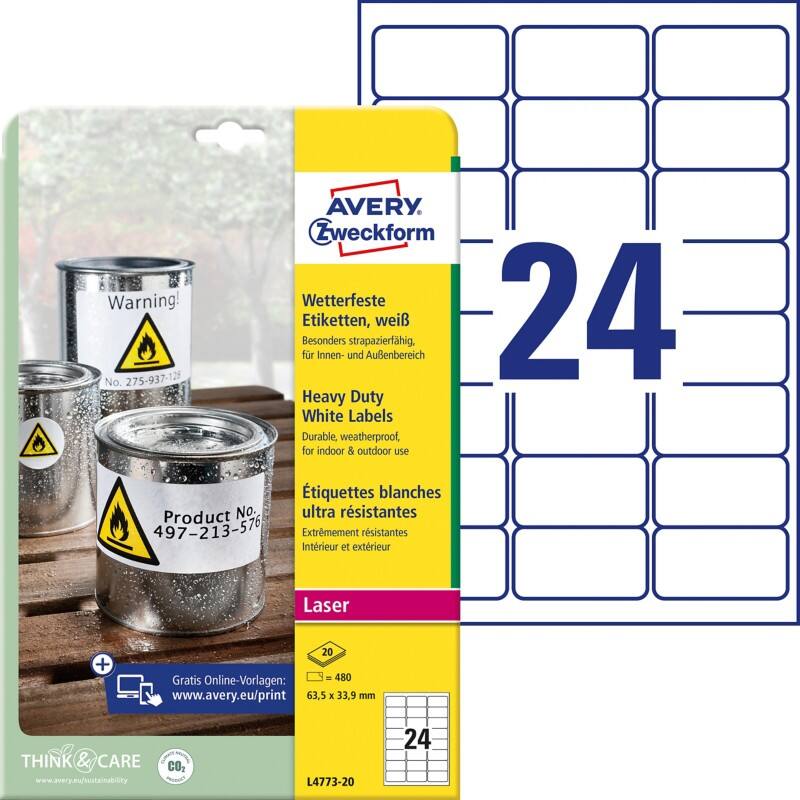 AVERY Zweckform L4773-20 Wetterfeste Etiketten A4 Weiß 63,5 x 33,9 mm 20 Blatt à 24 Etiketten
