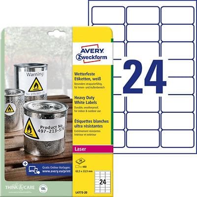 AVERY Zweckform Wasserfeste Etiketten L4773-20 Weiß A4 63,5 x 33,9 mm 20 Blatt à 24 Etiketten