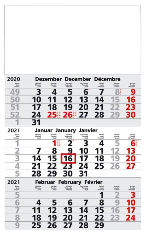 Wandmontiert Kalender 2026 3 Monate / 1 Seite Deutsch, Englisch, Französisch 30 (B) x 49 (H) cm Mehrfarbig  