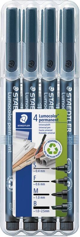 STAEDTLER Lumocolor Permanentmarker Mittel Rundspitze, Filzspitze 0,4 - 2,5 mm Schwarz Nachfüllbar 4 Stück