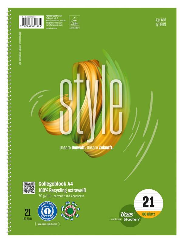 Ursus Green Notizbuch DIN A4 Liniert Spiralbindung Papier Grün Gelocht 160 Seiten 80 Blatt